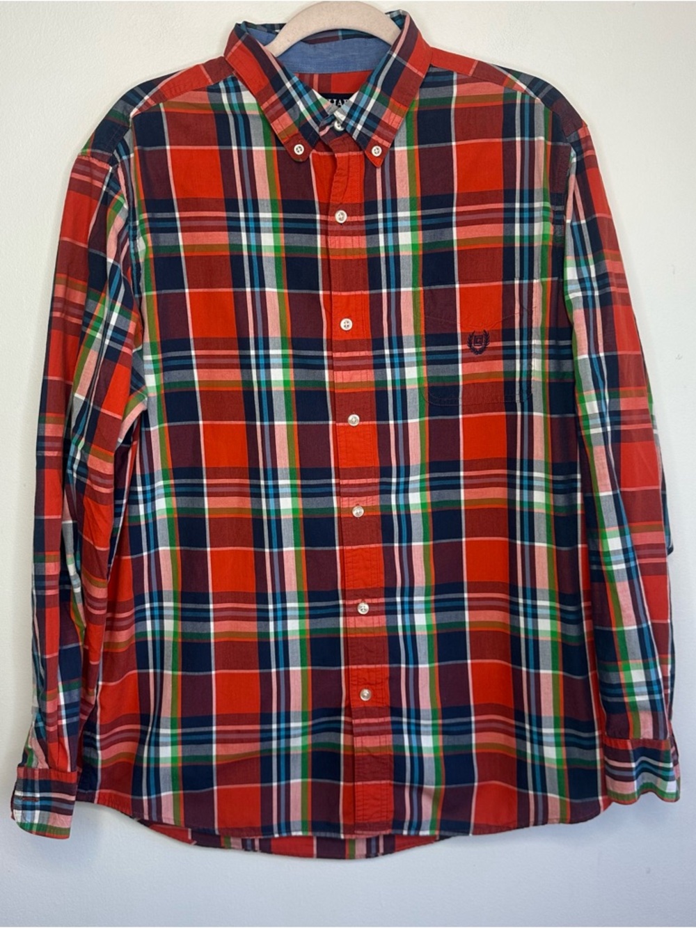Chaps Mens Shirt Orange Blue Plaid Button Down Cotton Long Sleeve L Large Oxford